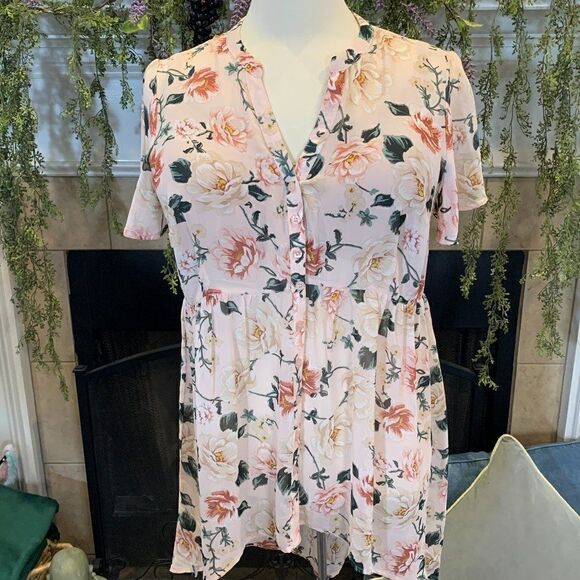 Torrid Women's 1 Georgette Lexi pink rose floral short sleeve high low tunic - Picture 1 of 11